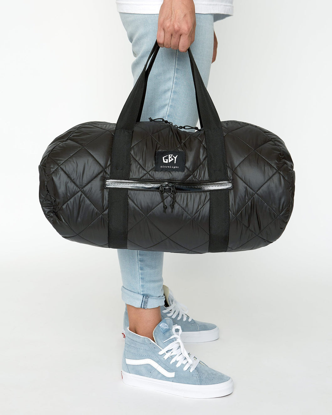 color: black ~ alt: GBY Ultralight - Quilted Gym Duffel Bag ~ model_h: 5'9