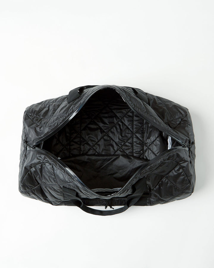 color: black ~ alt: GBY Ultralight - Quilted Gym Duffel Bag Top Open View ~ info: Open from top view